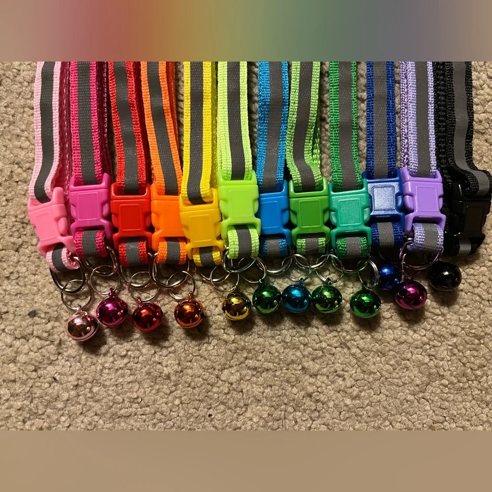 Set of 12 Breakaway Nylon Reflective Cat Collars with Bells - Rainbow Colors